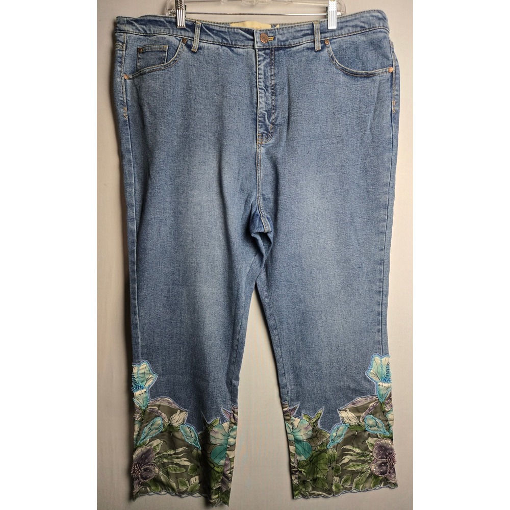 Soft Surroundings Floral Beaded Embroidered Crop Jeans Blue Denim 22W Plus Size